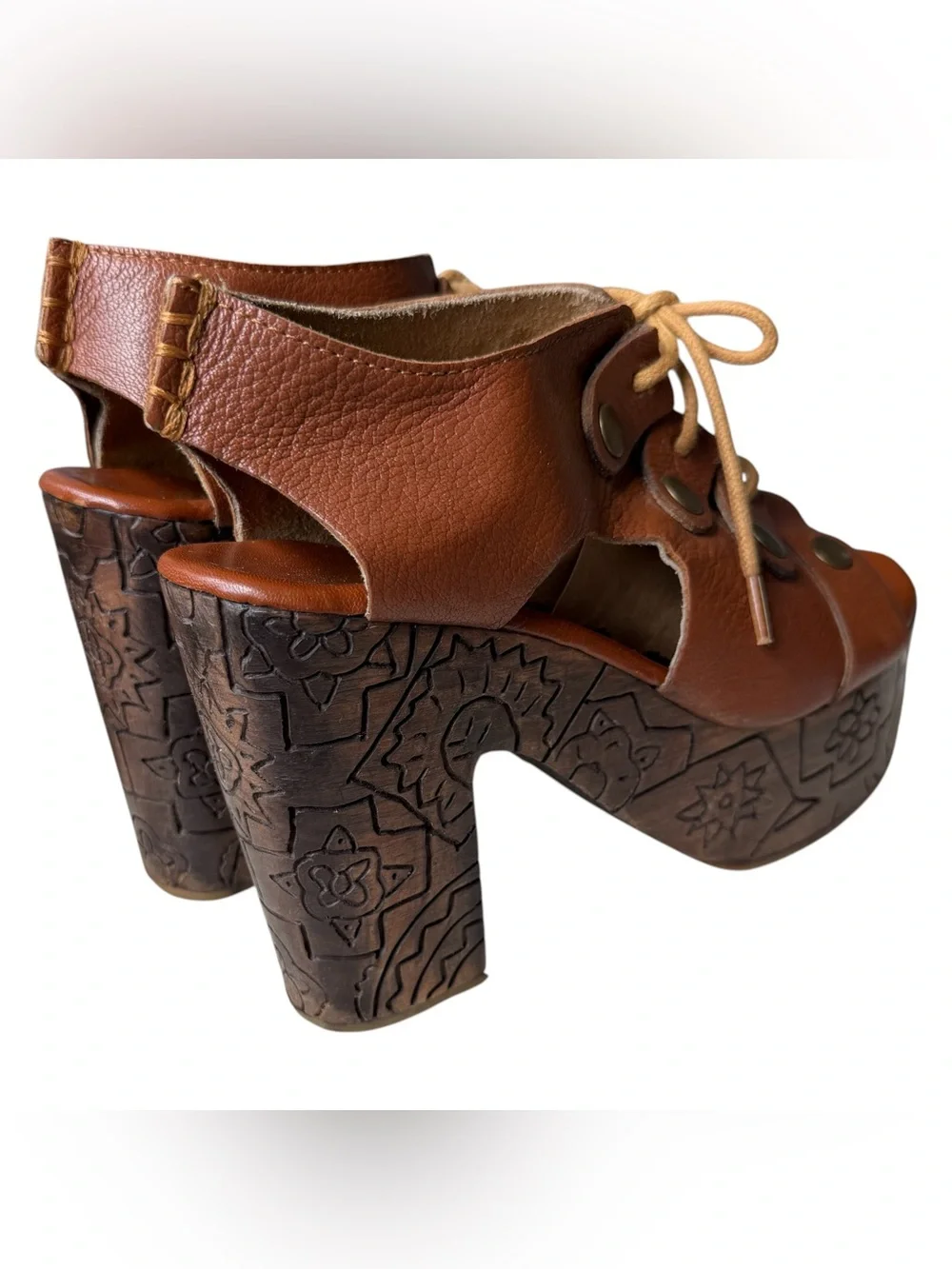 Free People Platform Clog Heels Womens 38 7.5 Brown Leather Wood Farrah Lace Up